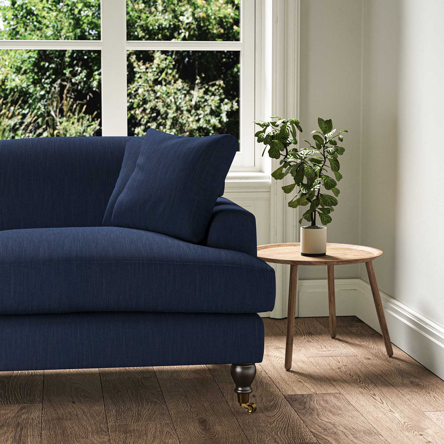 A blue stain resistant woven fabric on an armchair.