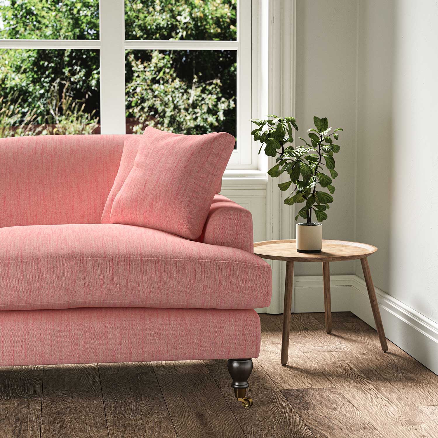 A pink stain resistant woven fabric on an armchair.