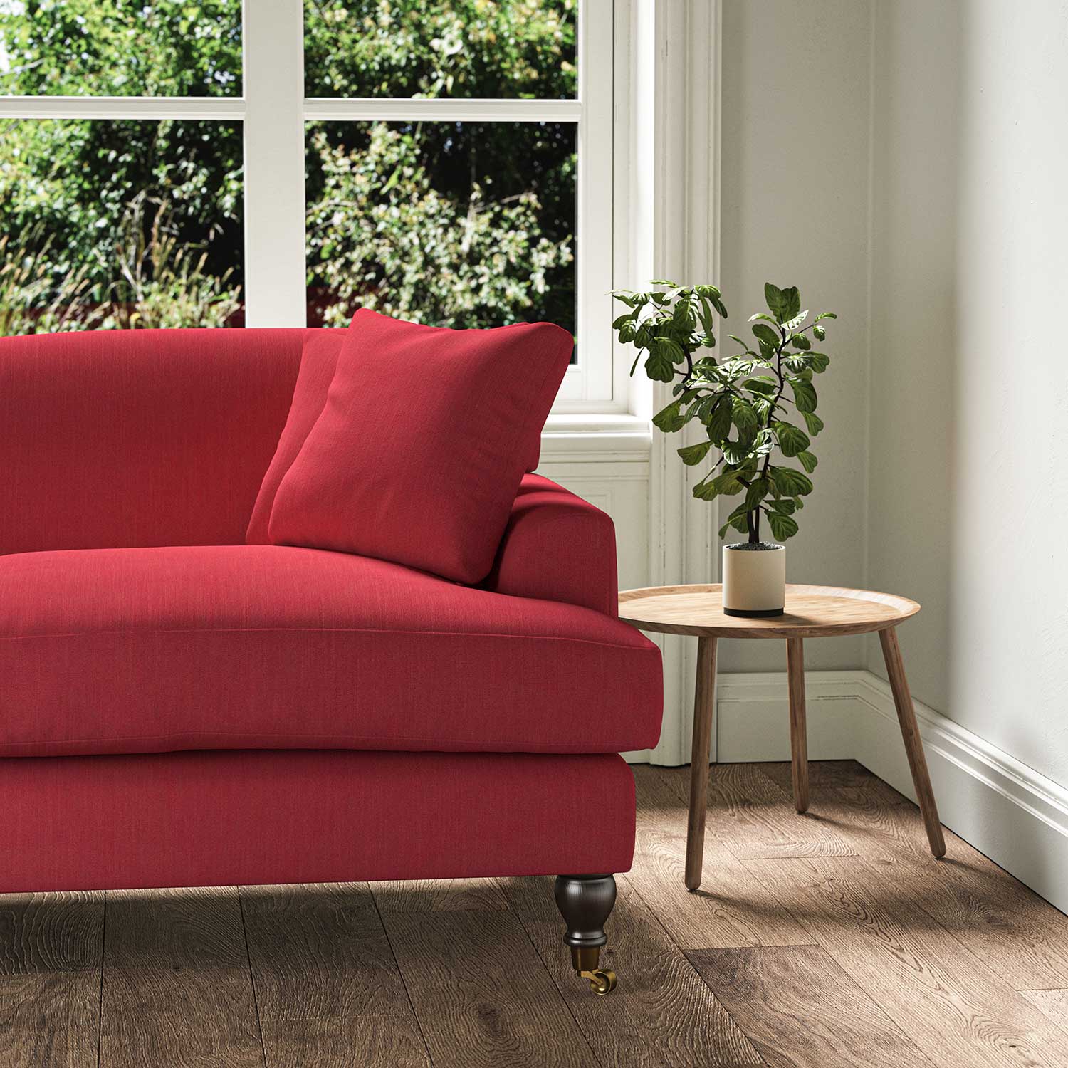 A red stain resistant woven fabric on an armchair.