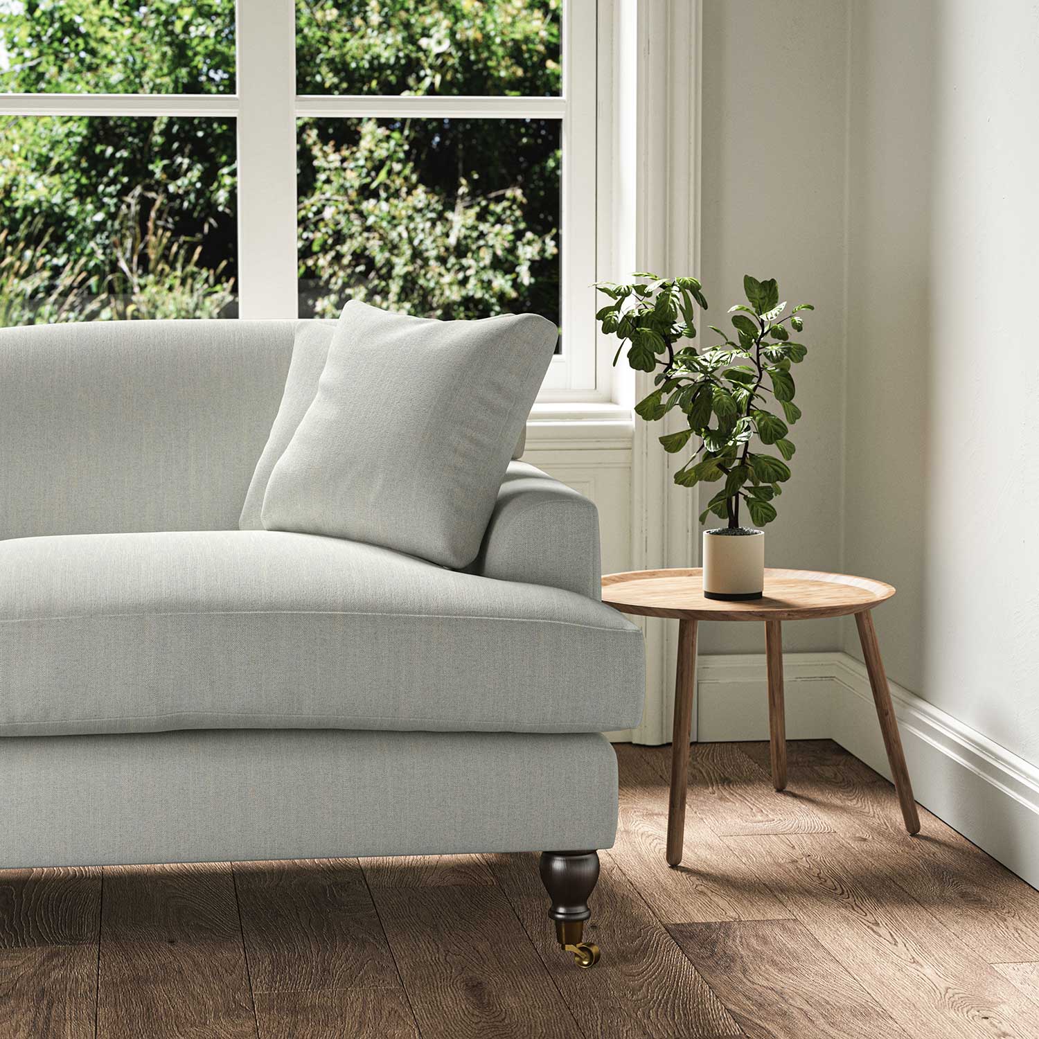 A grey stain resistant woven fabric on an armchair.