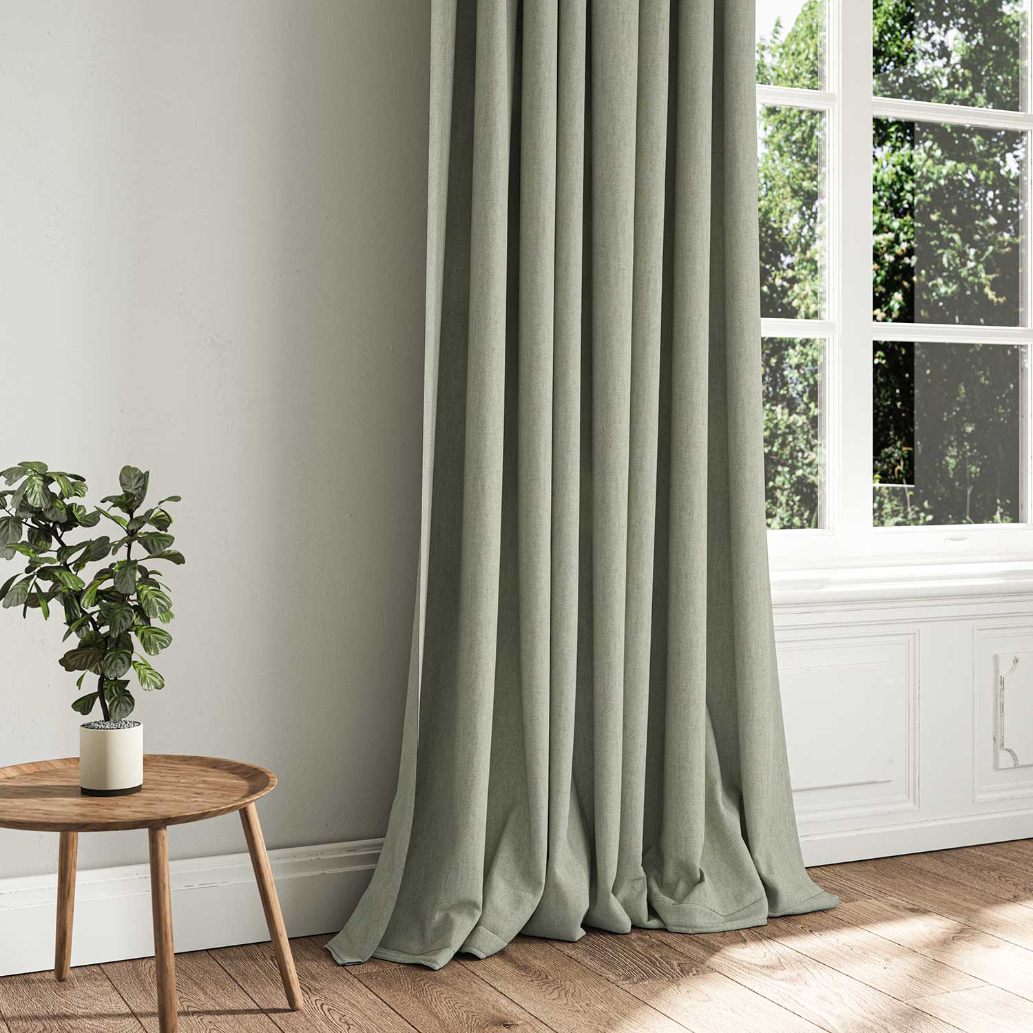 A grey woven fabric shown as a curtain.