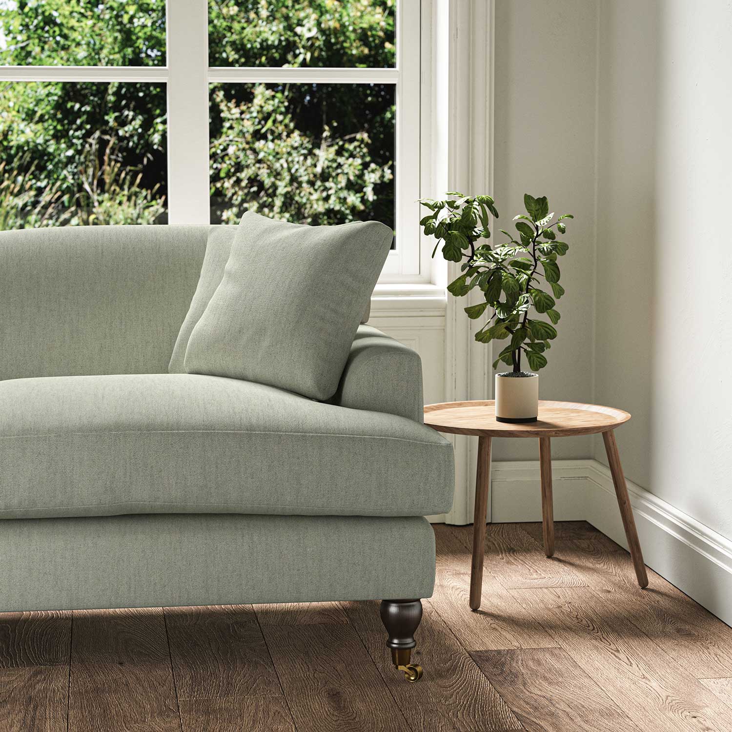 A grey stain resistant woven fabric on an armchair.