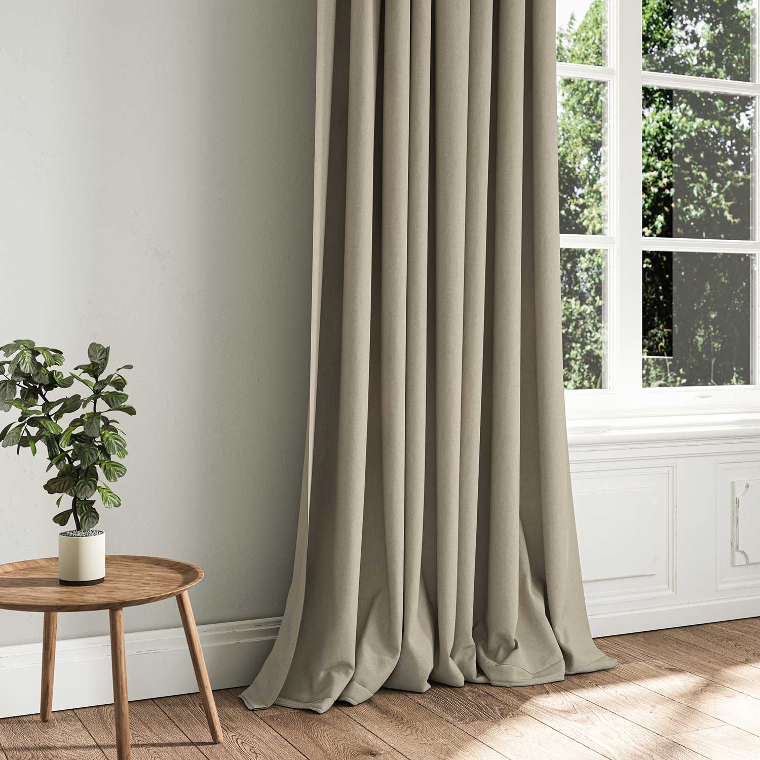 A beige woven fabric shown as a curtain.