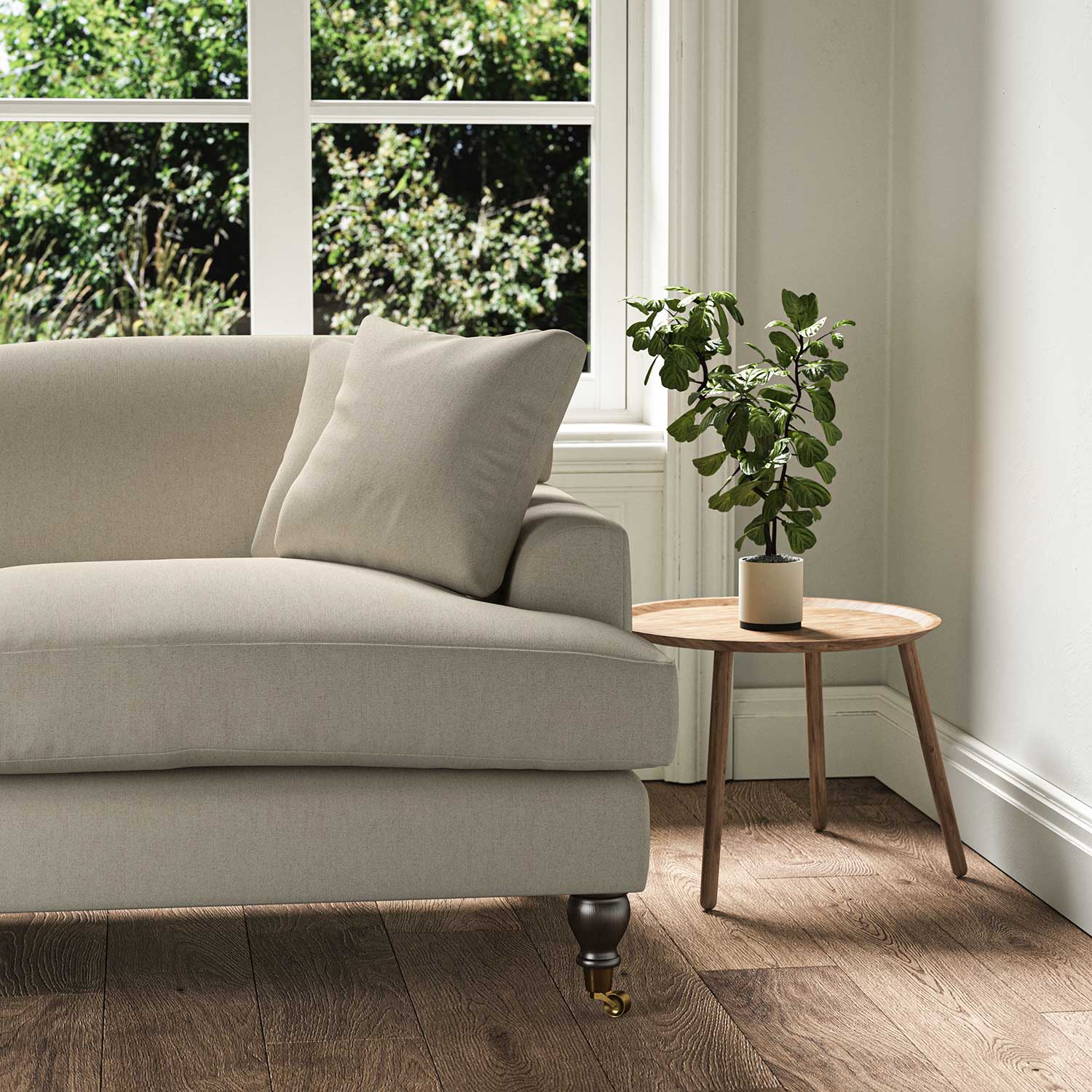 A beige stain resistant woven fabric on an armchair.