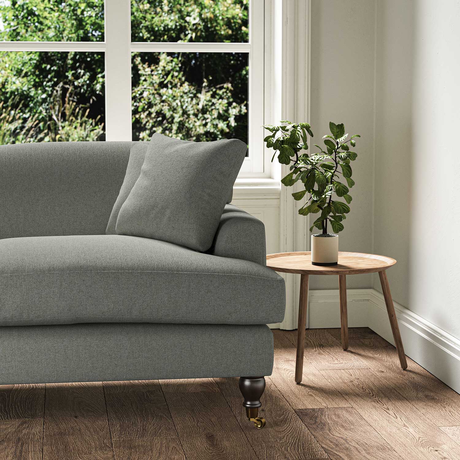 A grey stain resistant woven fabric on an armchair.