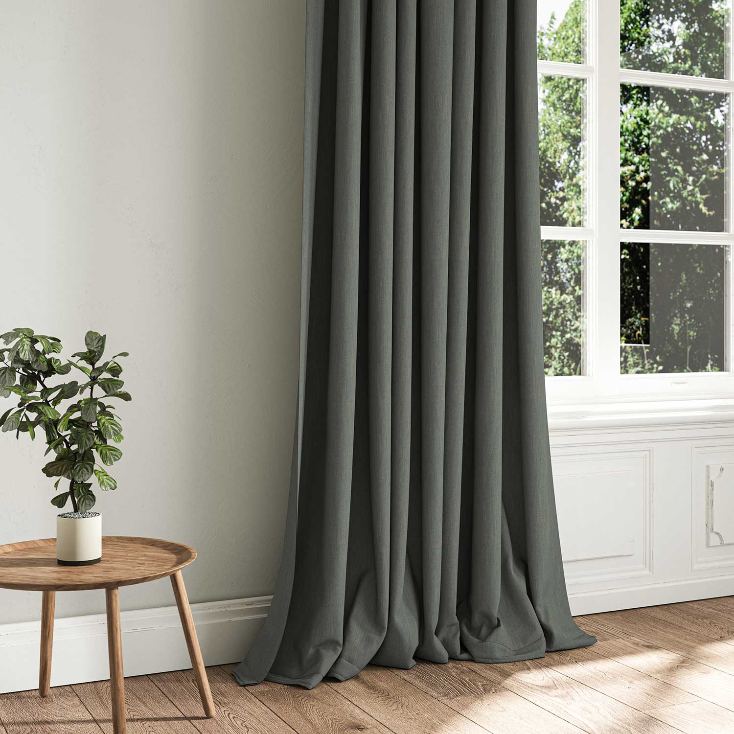 A grey woven fabric shown as a curtain.