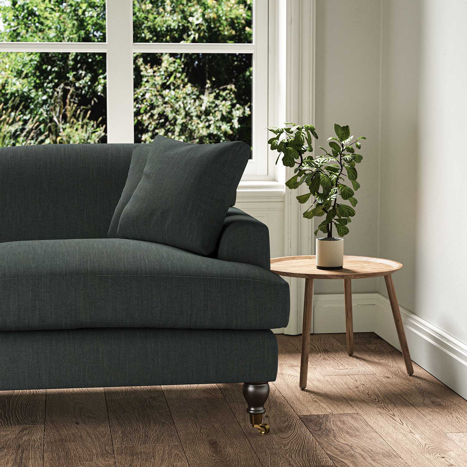 A grey stain resistant woven fabric on an armchair.