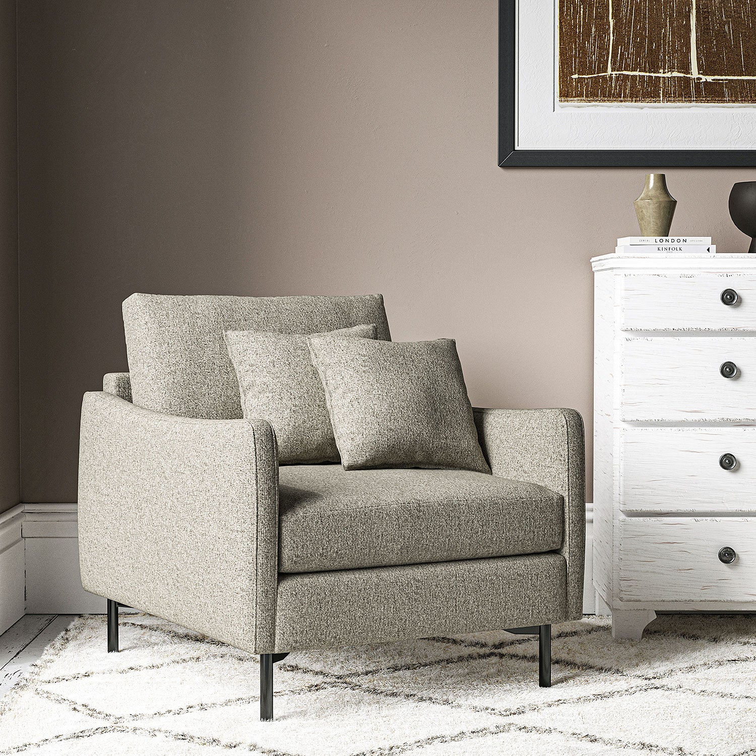 Chair covered in a boucle fabric in Aluminium