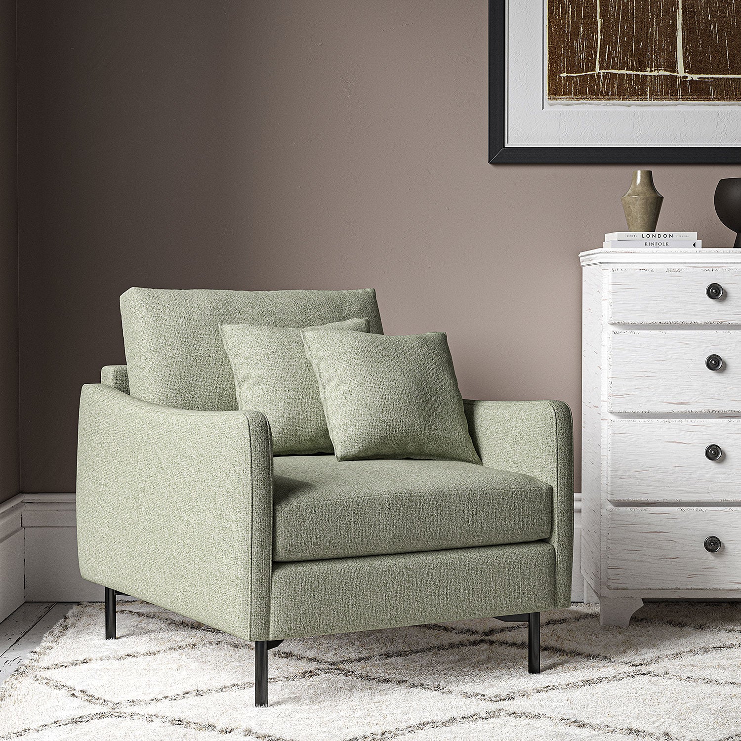 Chair covered in a boucle fabric in Sea Salt