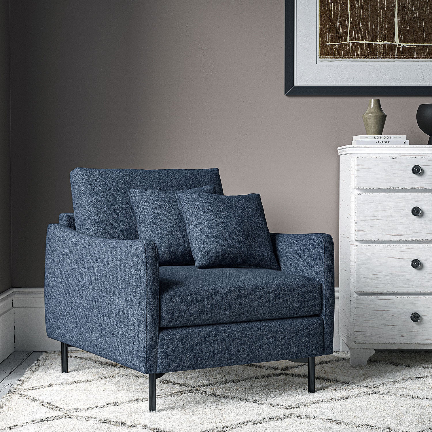Chair covered in a boucle fabric in Indigo