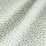 Printed linen fabric sample - a classic trellis design in blue, yellow, and cream