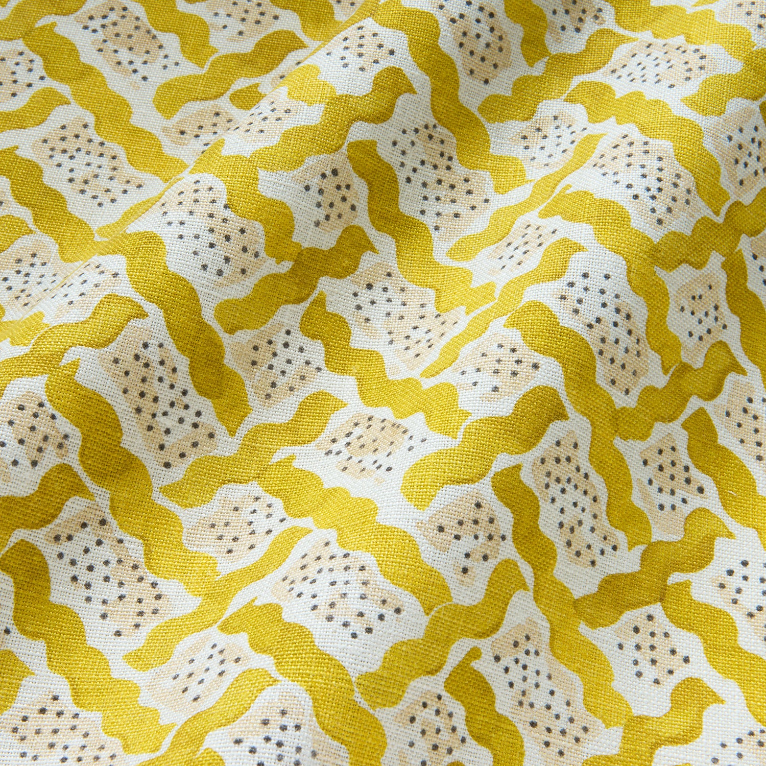 Printed linen fabric - a contemporary lattice design in yellow, cream and white
