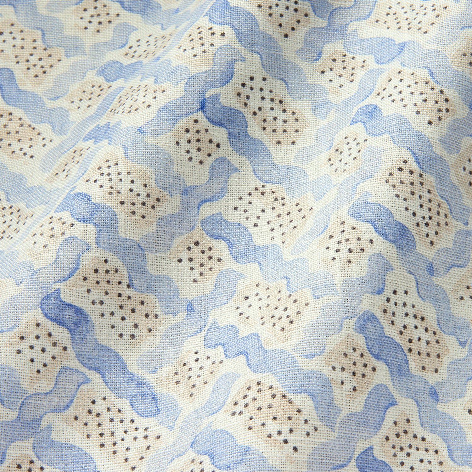 Printed linen fabric - a contemporary lattice design in blue, cream and white