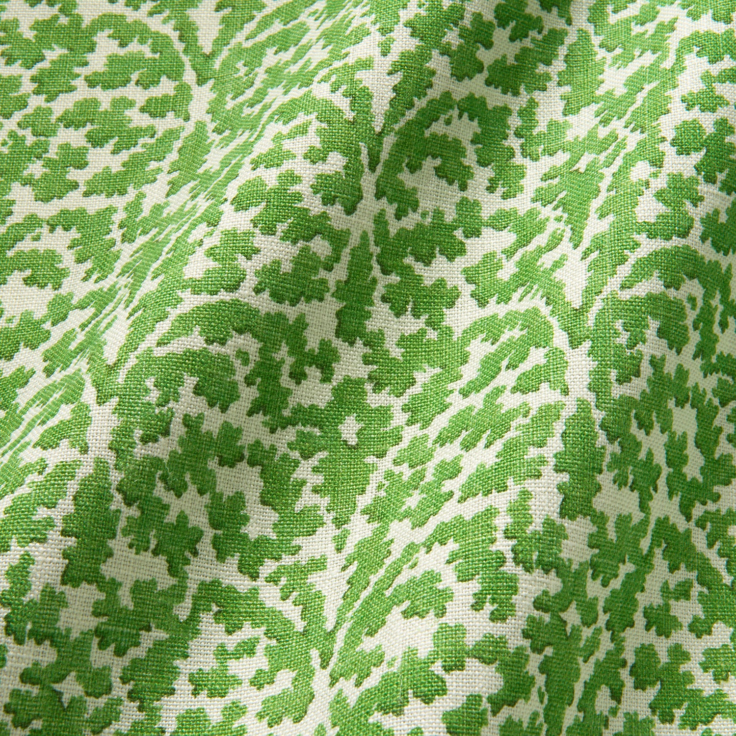 Printed linen fabric sample – damask-style pattern in green and cream