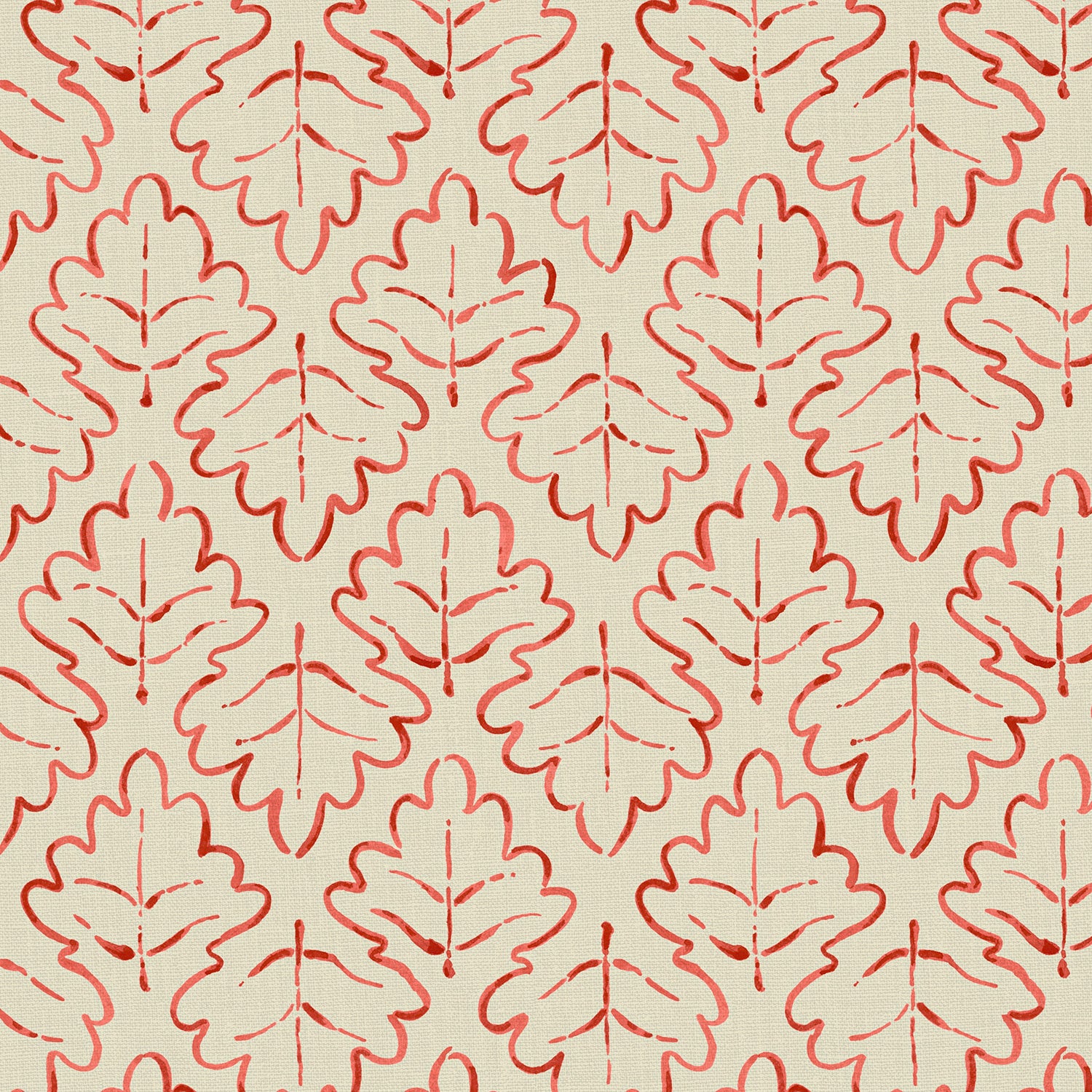 Printed linen fabric sample – a hand drawn; mirrored leaf motif pattern in red and cream