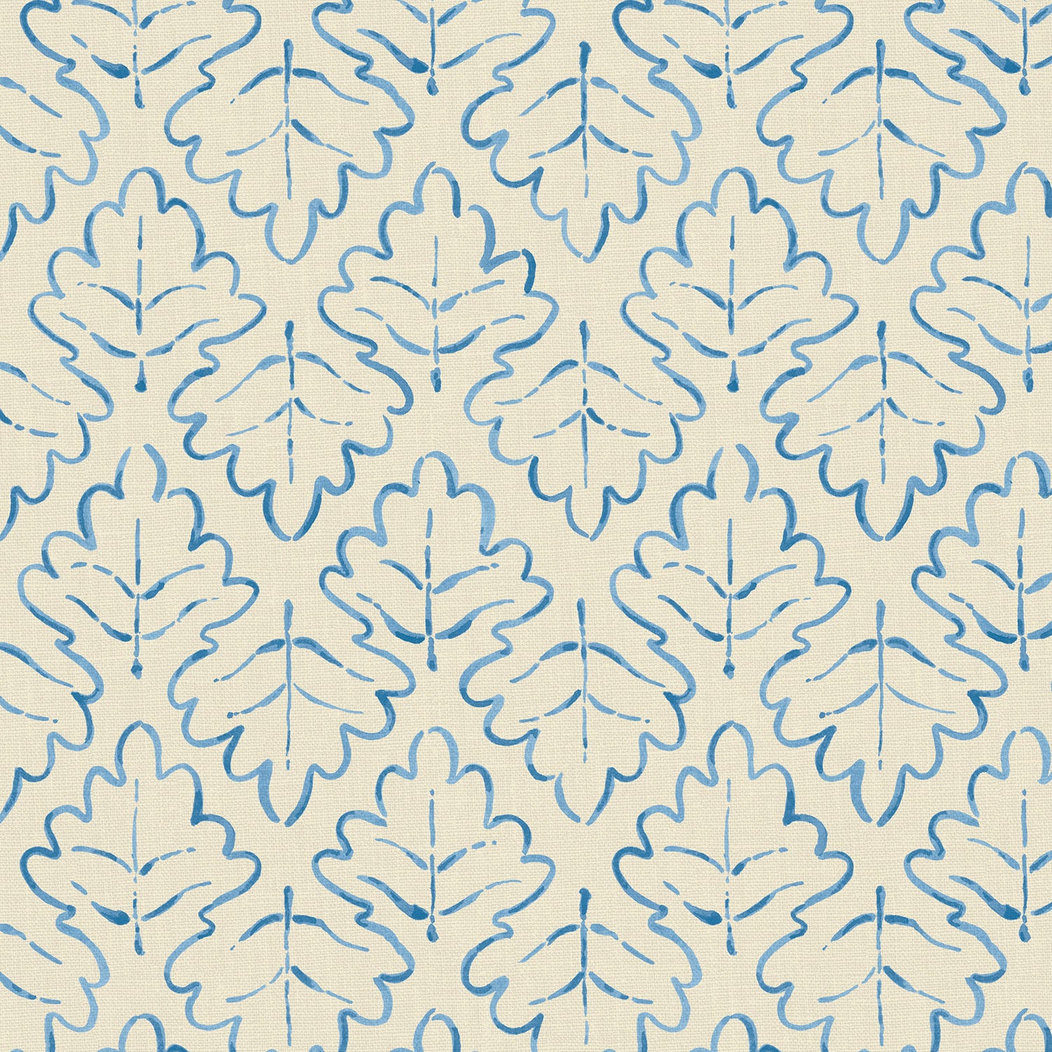Printed linen fabric sample – a hand drawn; mirrored leaf motif pattern in blue and cream