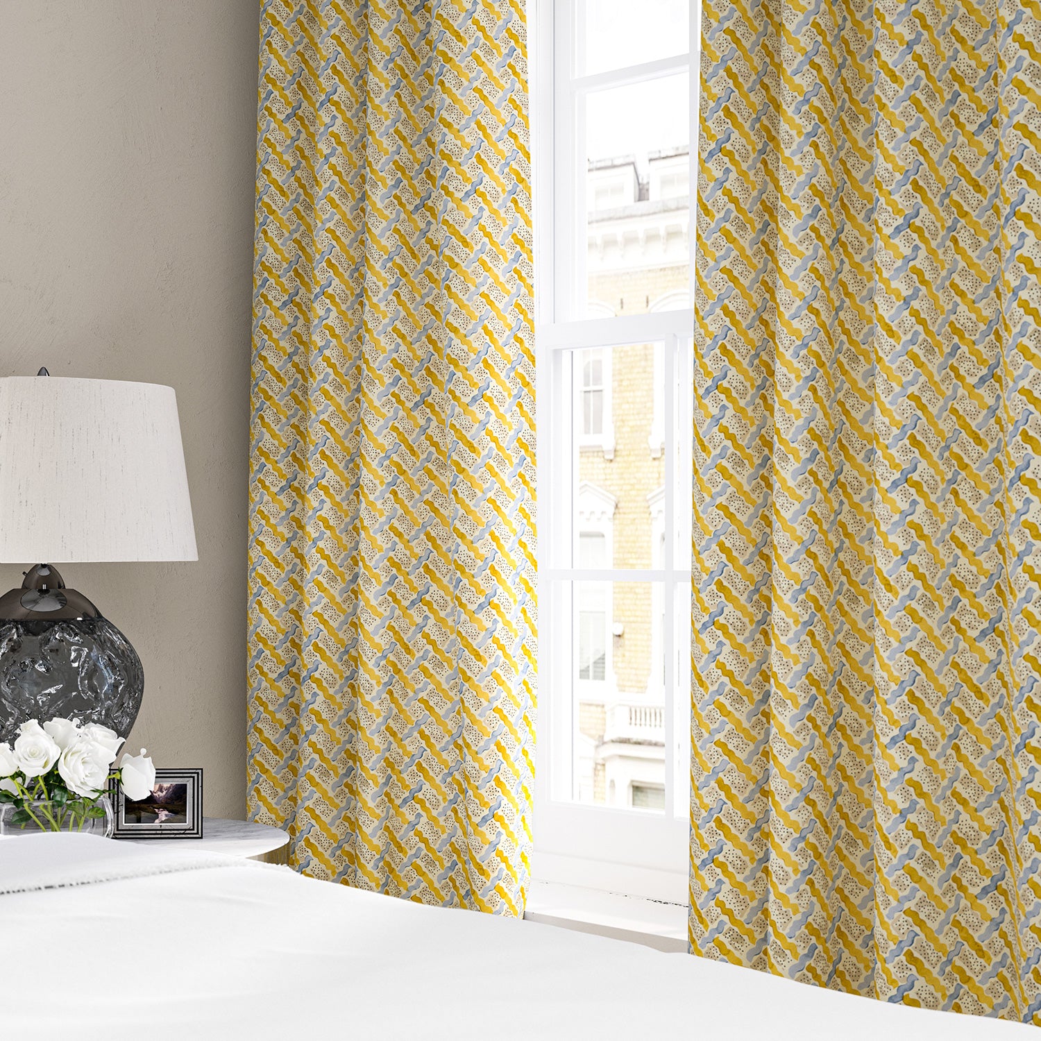 Linen curtains with a contemporary lattice design in yellow, blue, cream and white