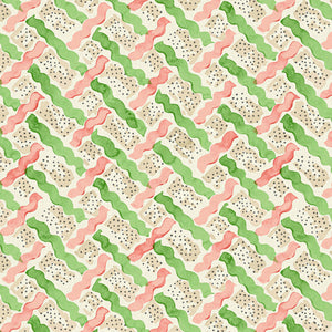 Printed linen fabric - a contemporary lattice design in green, pink, cream and white