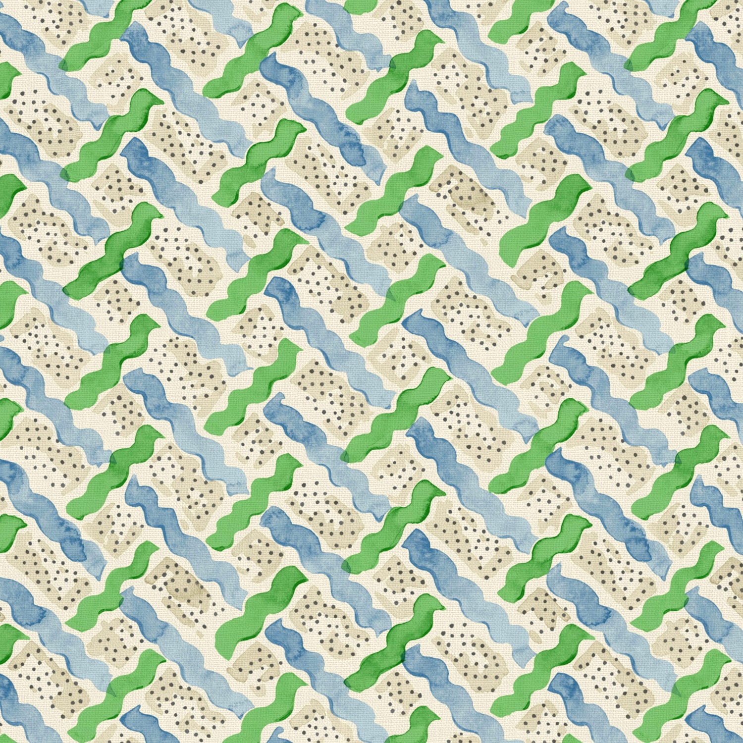 Printed linen fabric - a contemporary lattice design in green, blue, cream and white