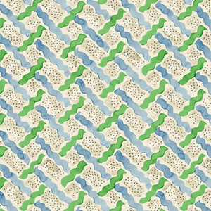 Printed linen fabric - a contemporary lattice design in green, blue, cream and white