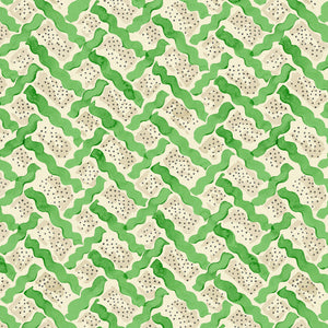 Printed linen fabric - a contemporary lattice design in green, cream and white