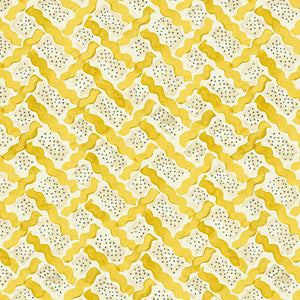 Printed linen fabric - a contemporary lattice design in yellow, cream and white
