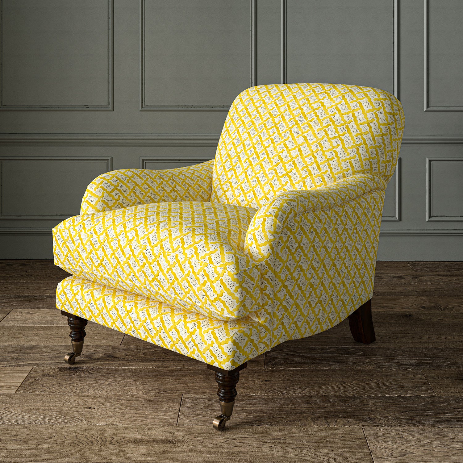Printed linen fabric - a contemporary lattice design in yellow, cream and white – on an armchair