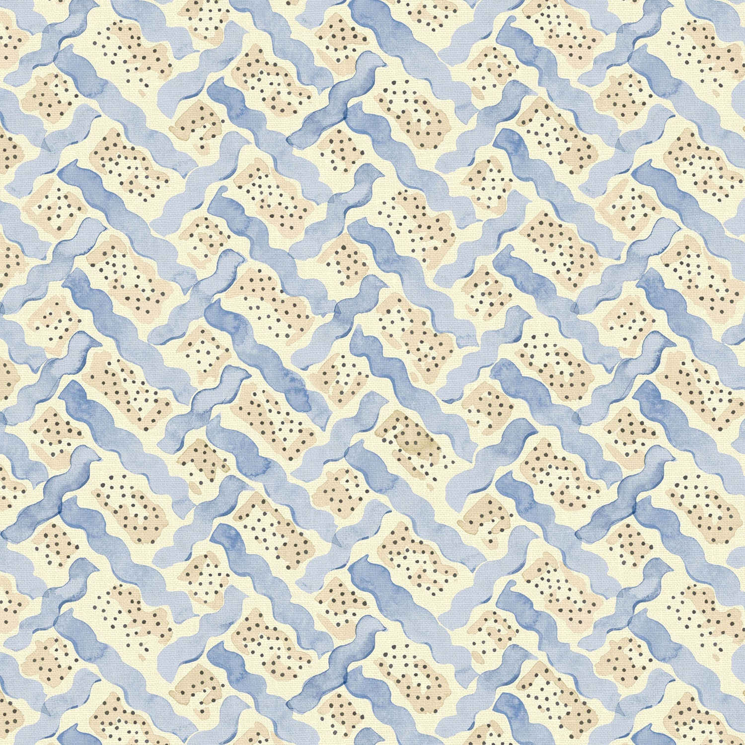 Printed linen fabric - a contemporary lattice design in blue, cream and white