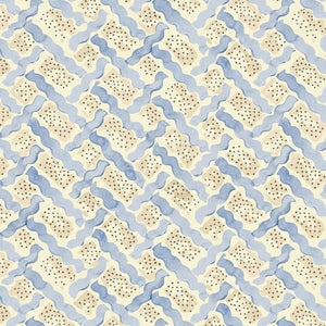 Printed linen fabric - a contemporary lattice design in blue, cream and white