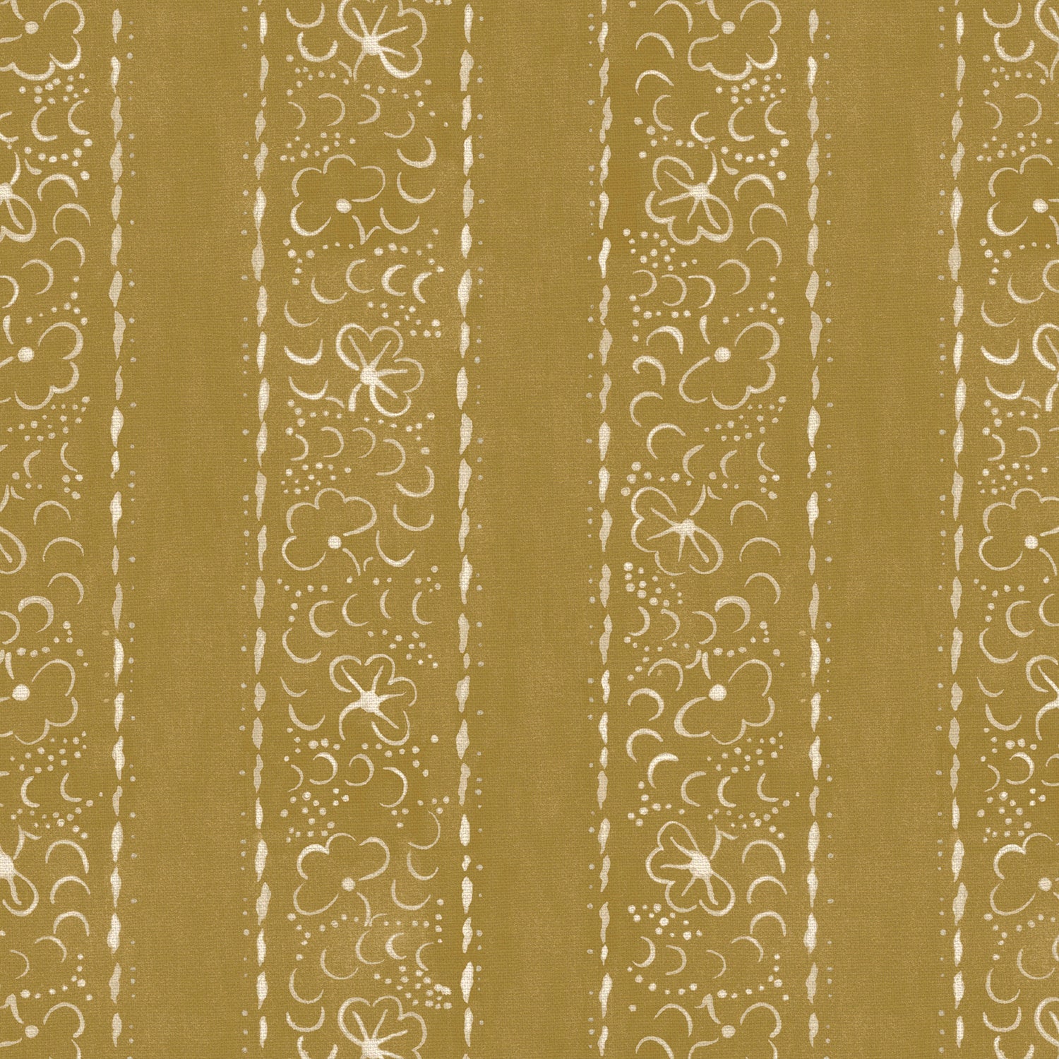 Printed linen fabric sample – a delicate pattern of moons and star-like dots in yellow and cream