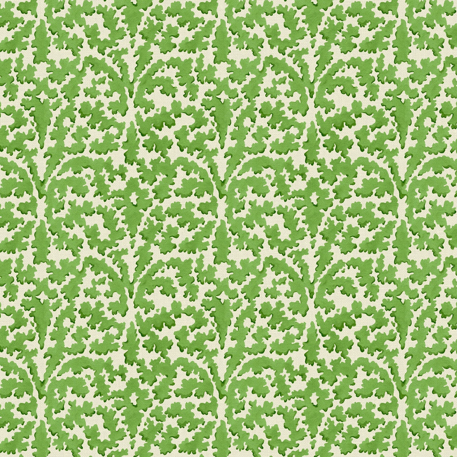 Printed linen fabric sample – damask-style pattern in green and cream