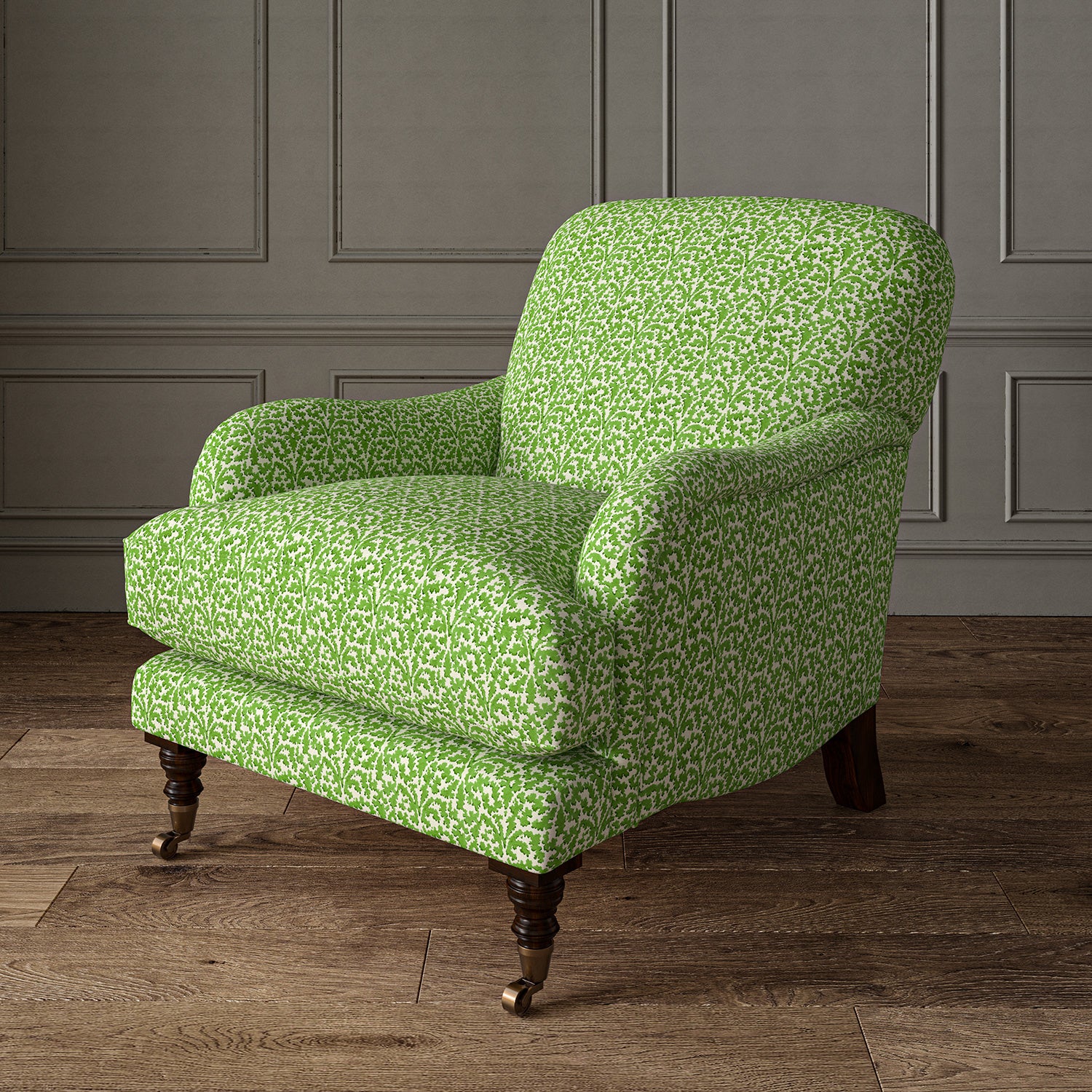 Printed linen fabric – damask-style pattern in green and cream – on an armchair