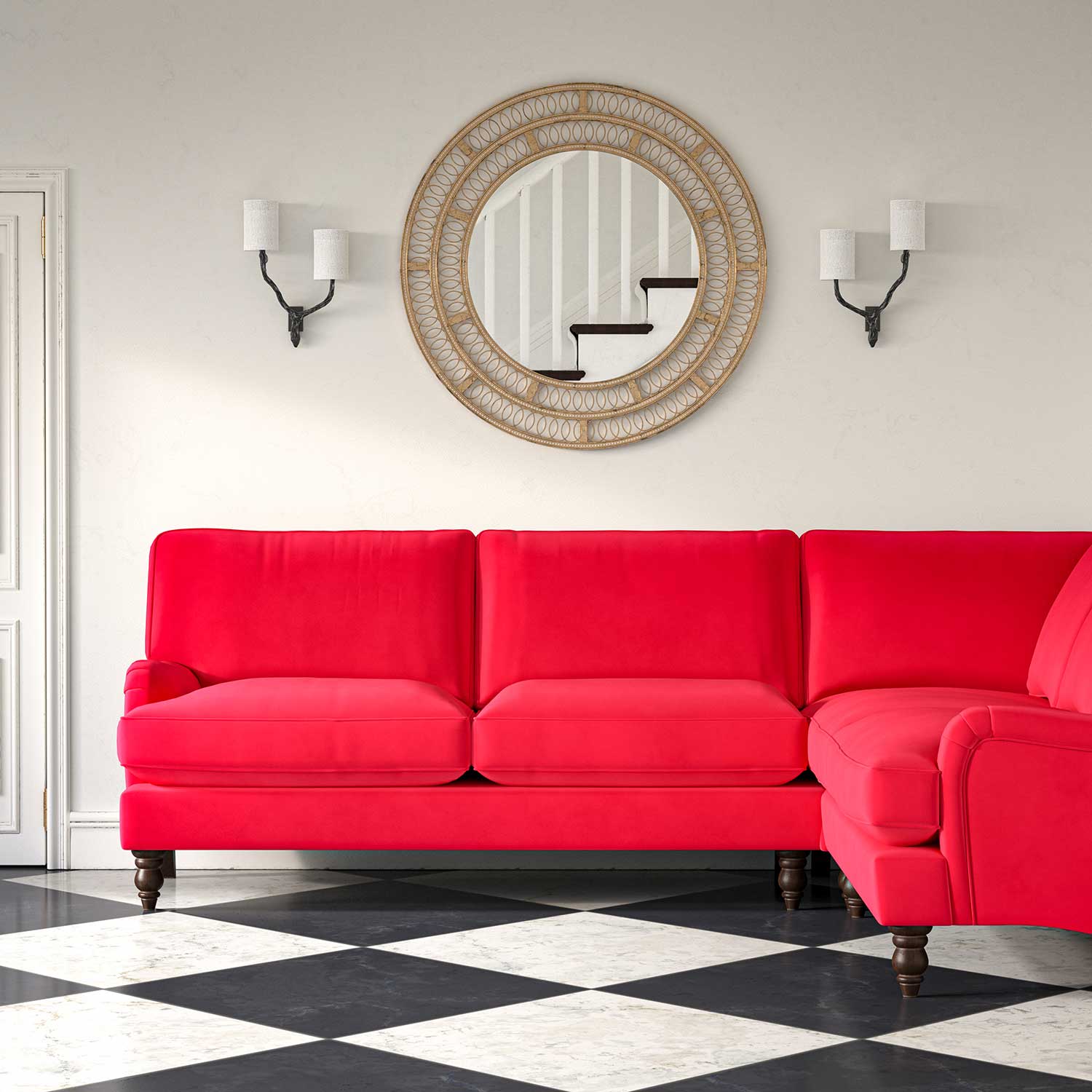Sofa upholstered in a pink velvet upholstery fabric