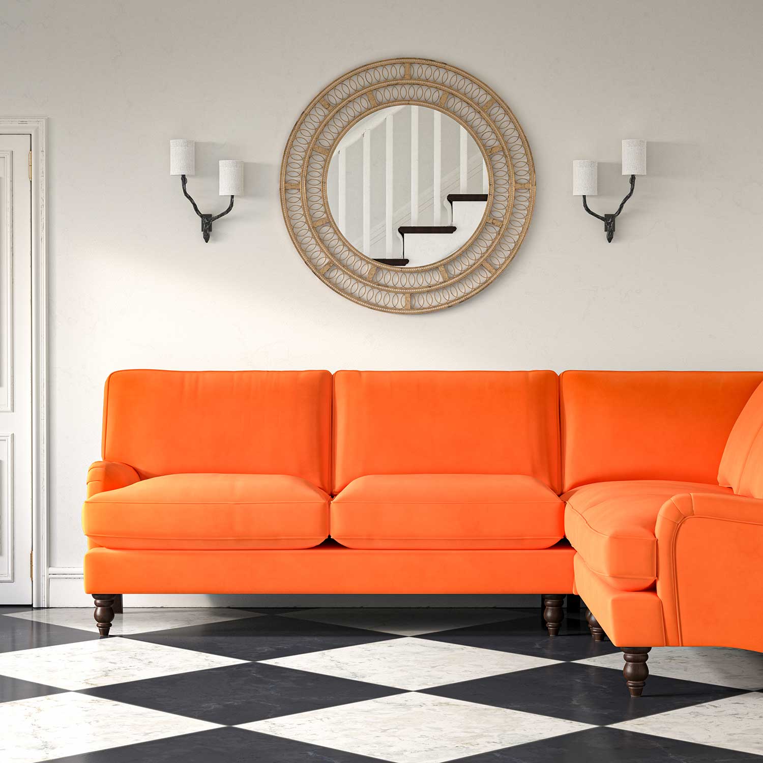 Sofa upholstered in a orange velvet upholstery fabric