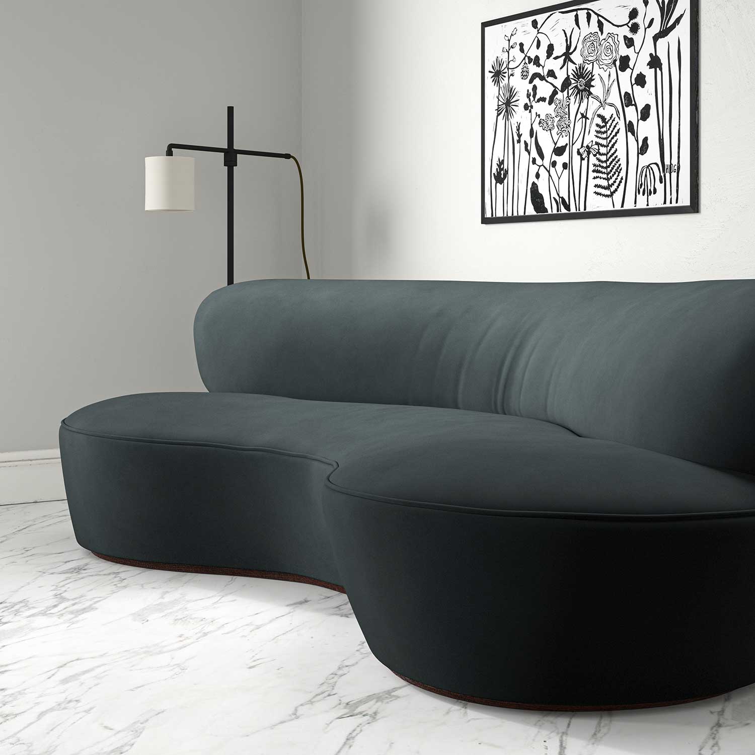 Sofa upholstered in a grey velvet upholstery fabric
