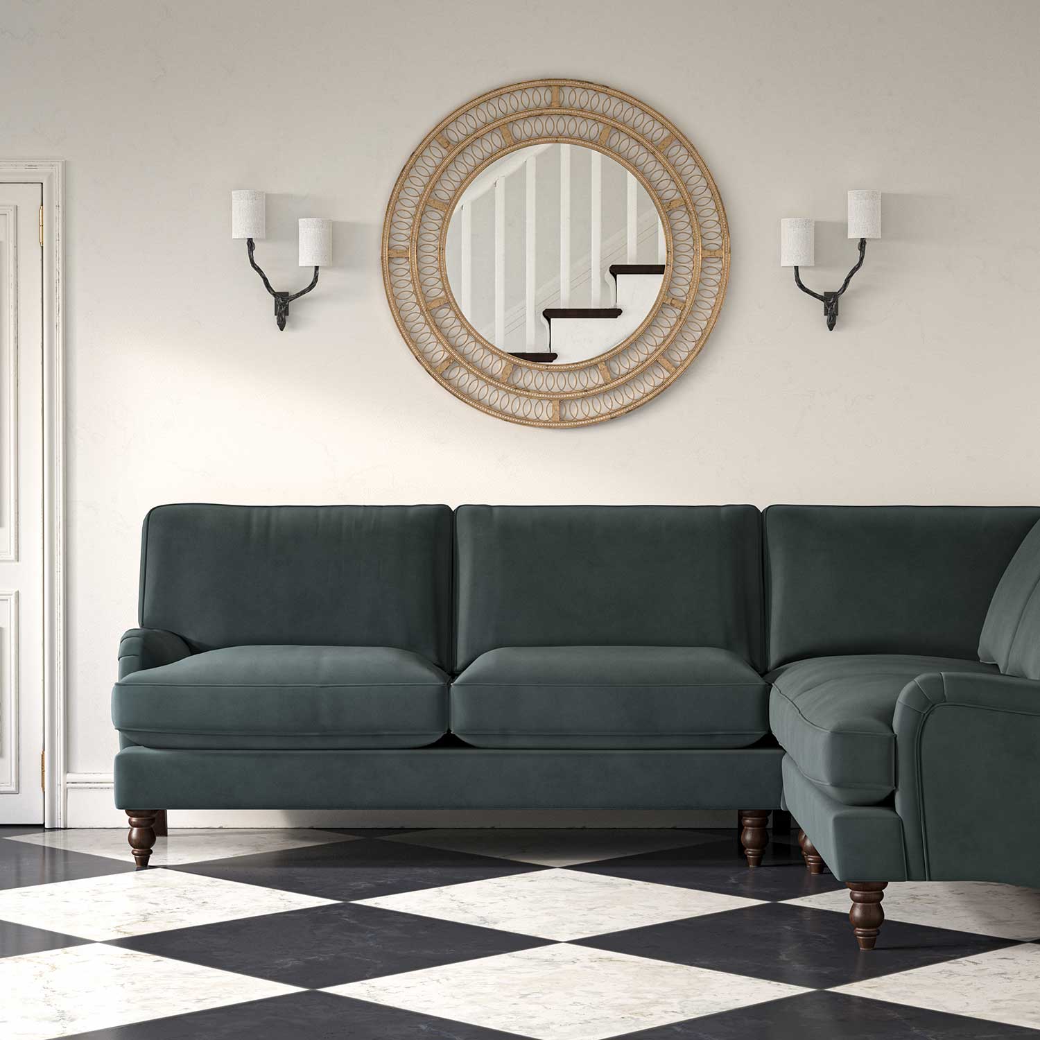Sofa upholstered in a grey velvet upholstery fabric