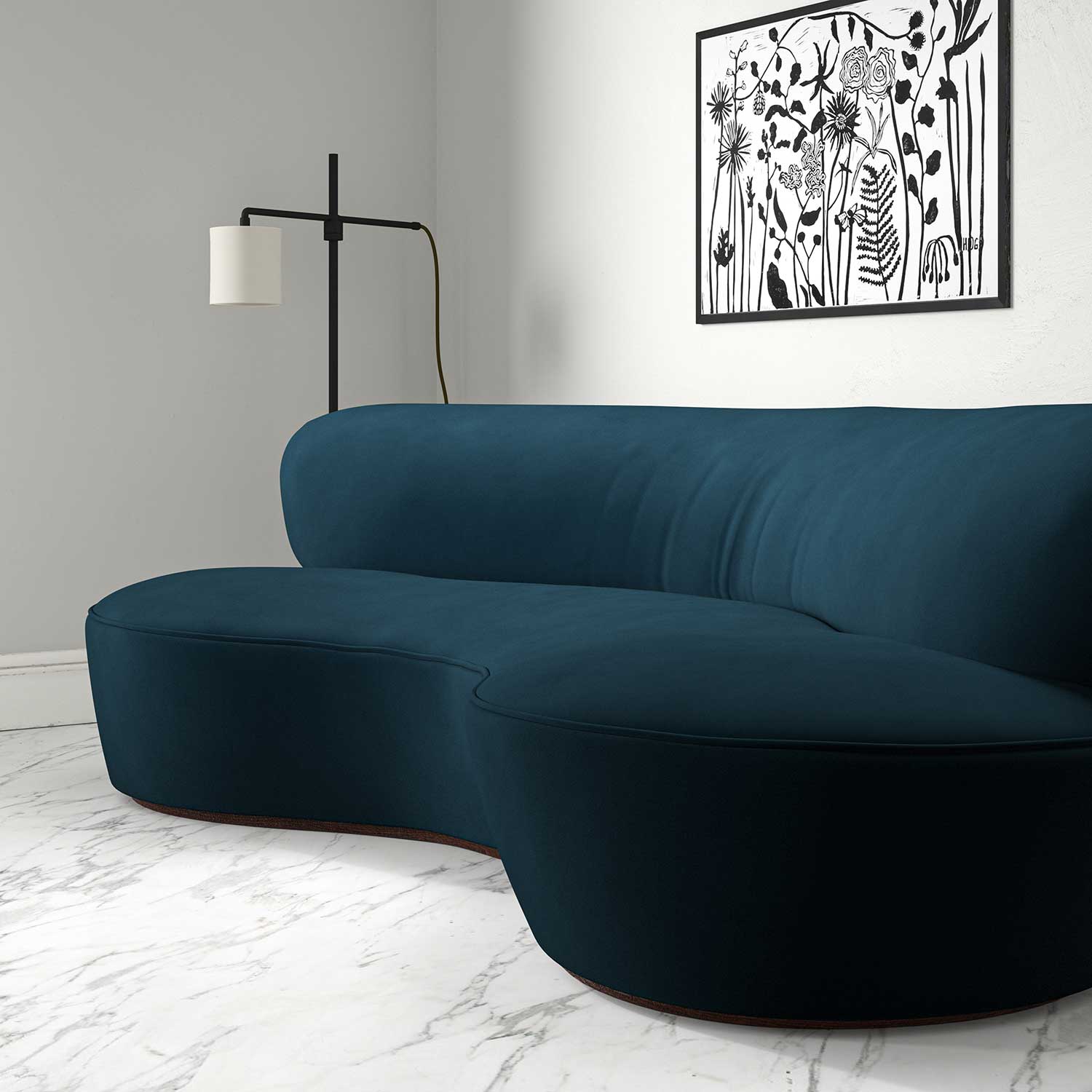 Sofa upholstered in a blue velvet upholstery fabric