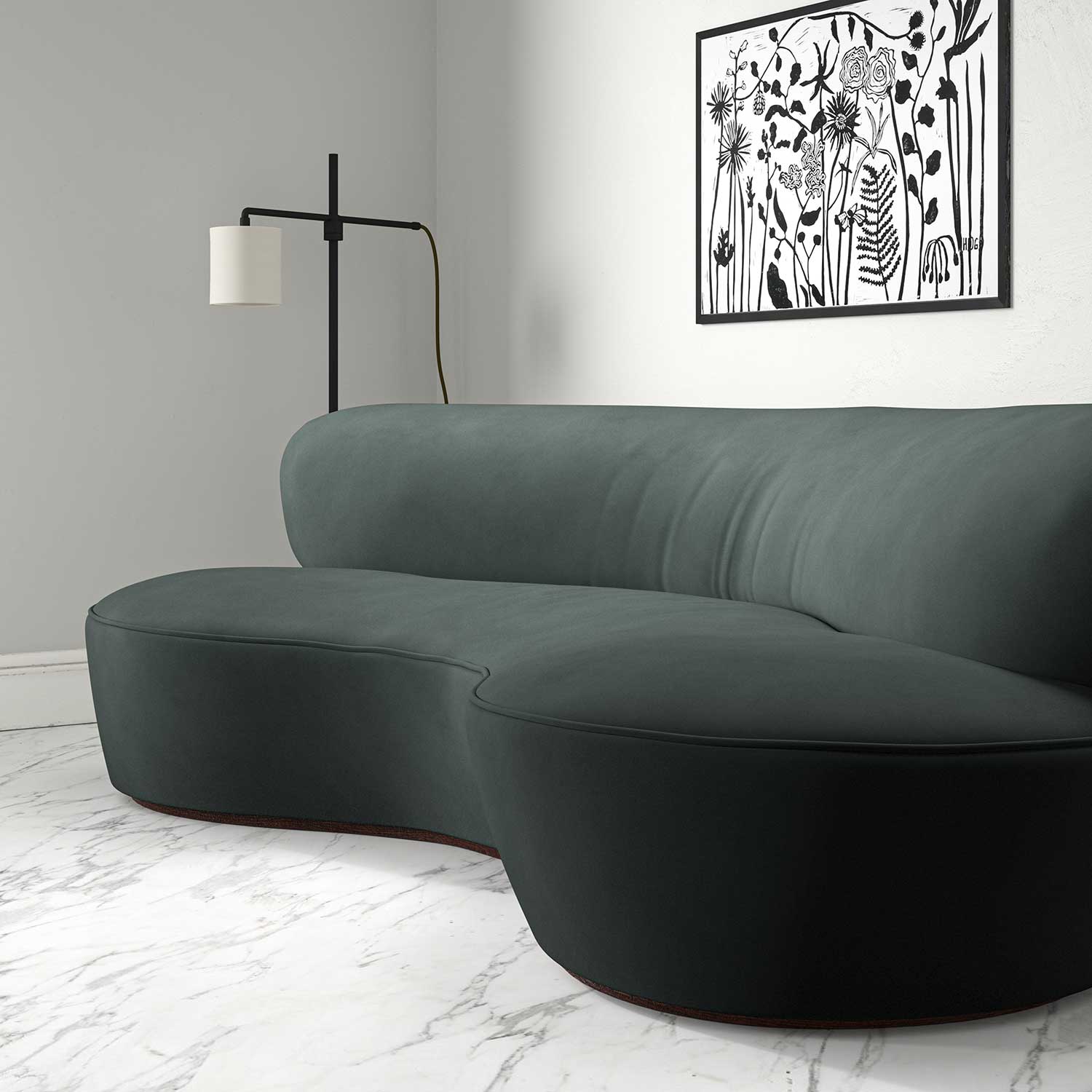 Sofa upholstered in a grey velvet upholstery fabric
