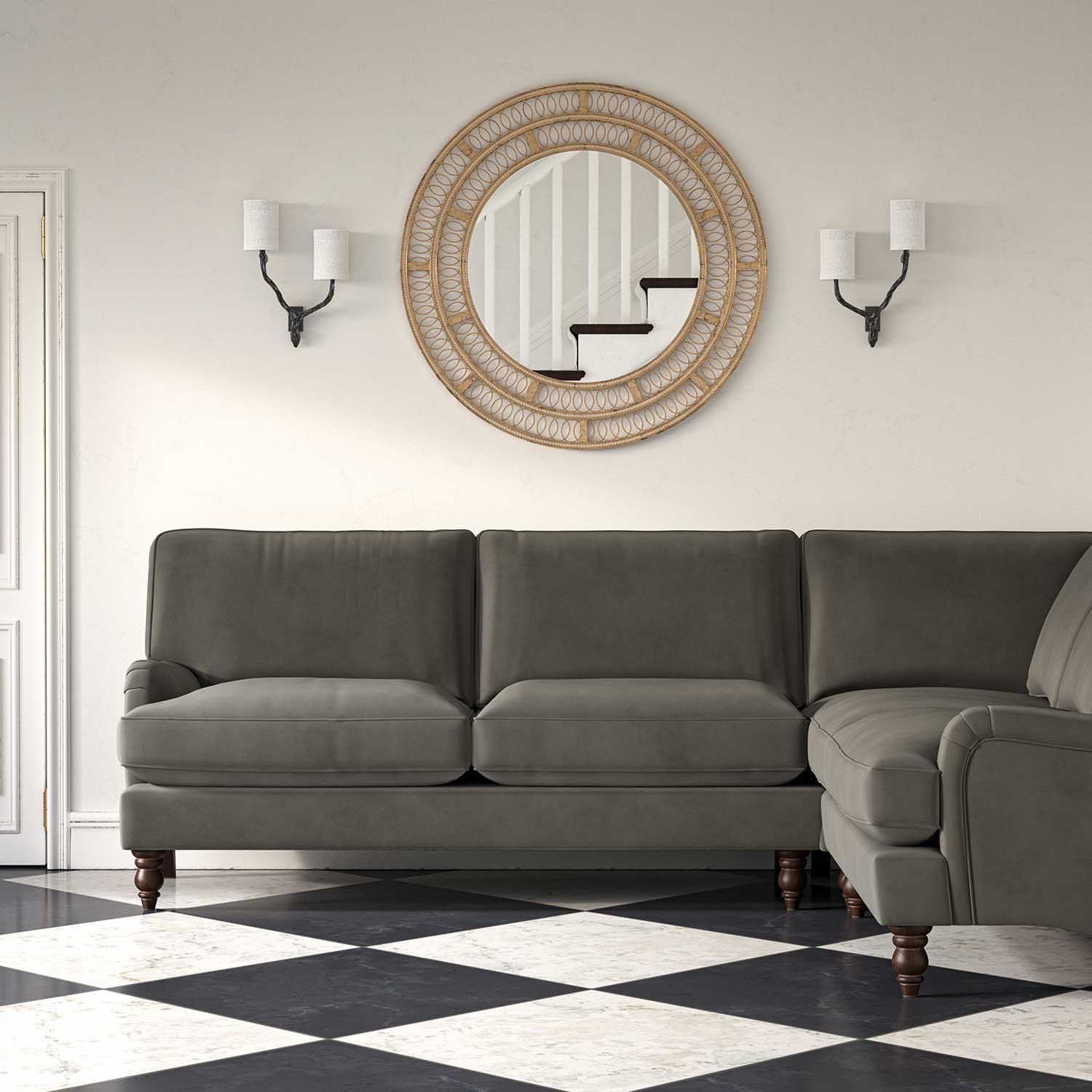 Sofa upholstered in a grey velvet upholstery fabric