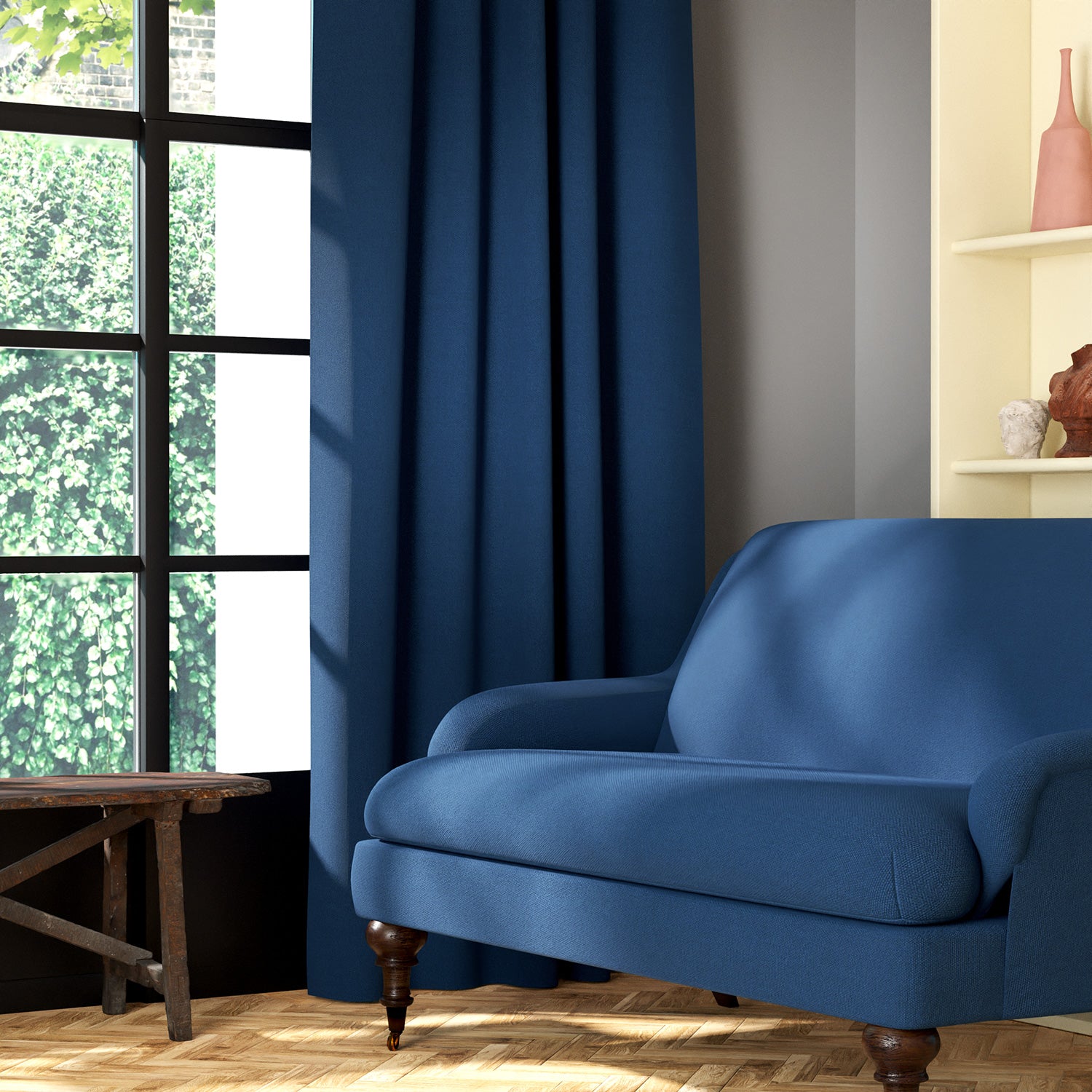 Living room featuring a sofa and curtains in a plain cobalt blue eco-friendly fabric