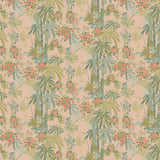Sample of a tropical wallpaper with exotic, floral blossoms intertwined with bamboo.