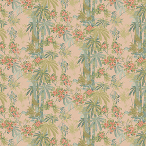 Sample of a tropical wallpaper with exotic, floral blossoms intertwined with bamboo.