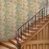 Hallway featuring a tropical wallpaper with exotic, floral blossoms intertwined with bamboo.