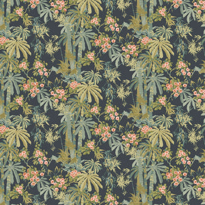 Sample of a tropical wallpaper in navy with exotic, floral blossoms intertwined with bamboo.