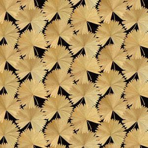 Sample showcasing a contemporary floral wallpaper with tropical palms in gold and black.