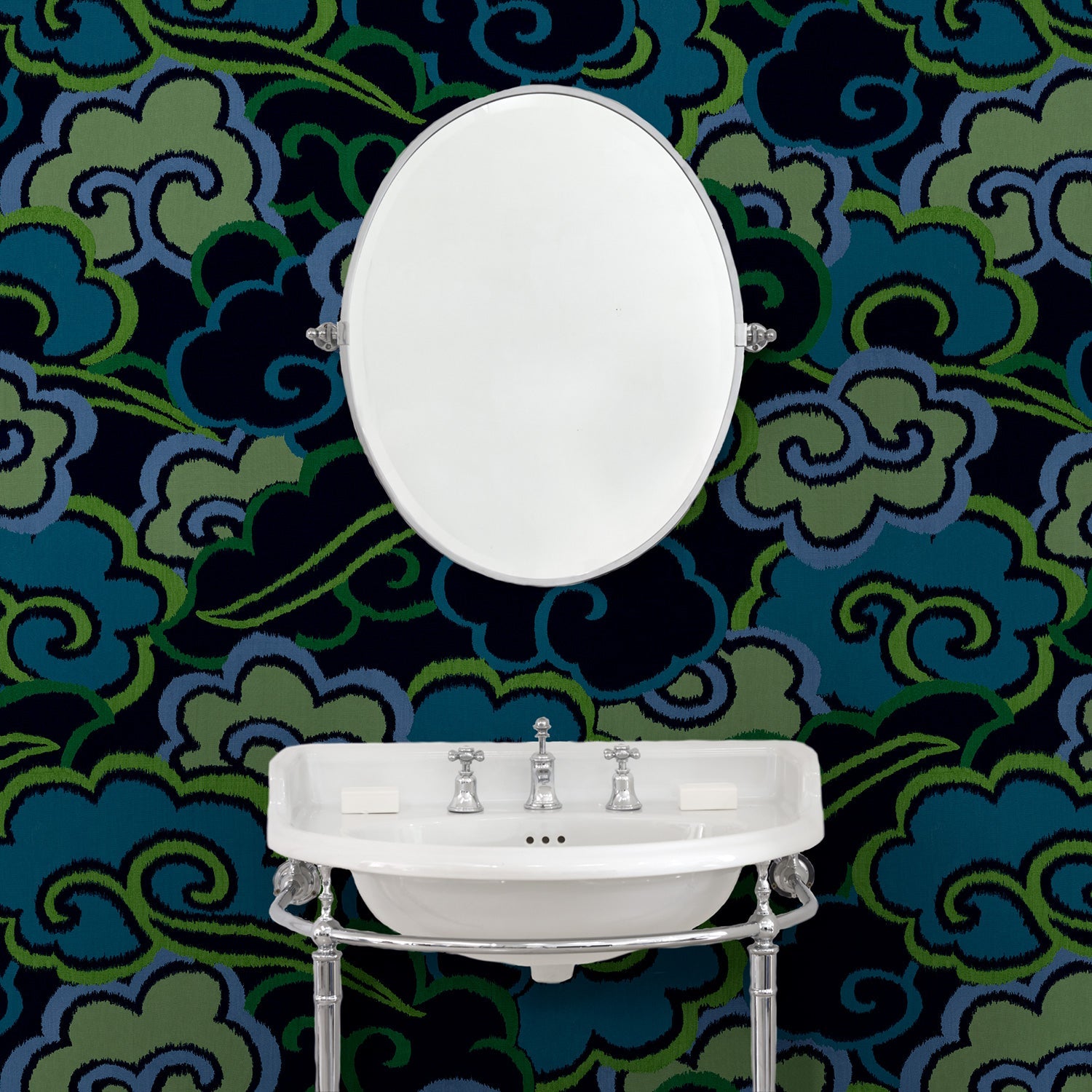 Inspired by a Japanese kimono, this designer wallpaper features an enchanting pattern of large abstract clouds.