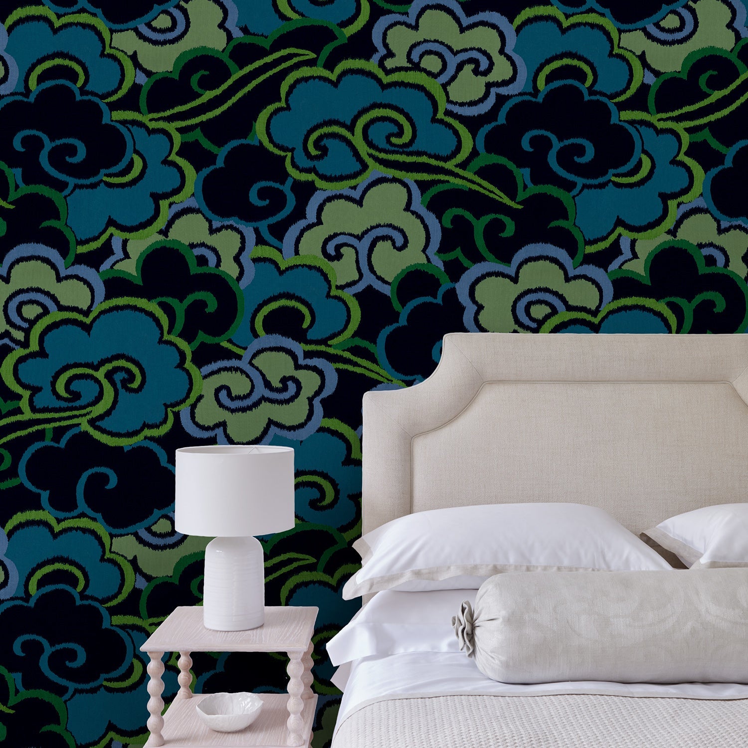 Inspired by a Japanese kimono, this designer wallpaper features an enchanting pattern of large abstract clouds.