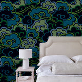 Inspired by a Japanese kimono, this designer wallpaper features an enchanting pattern of large abstract clouds.