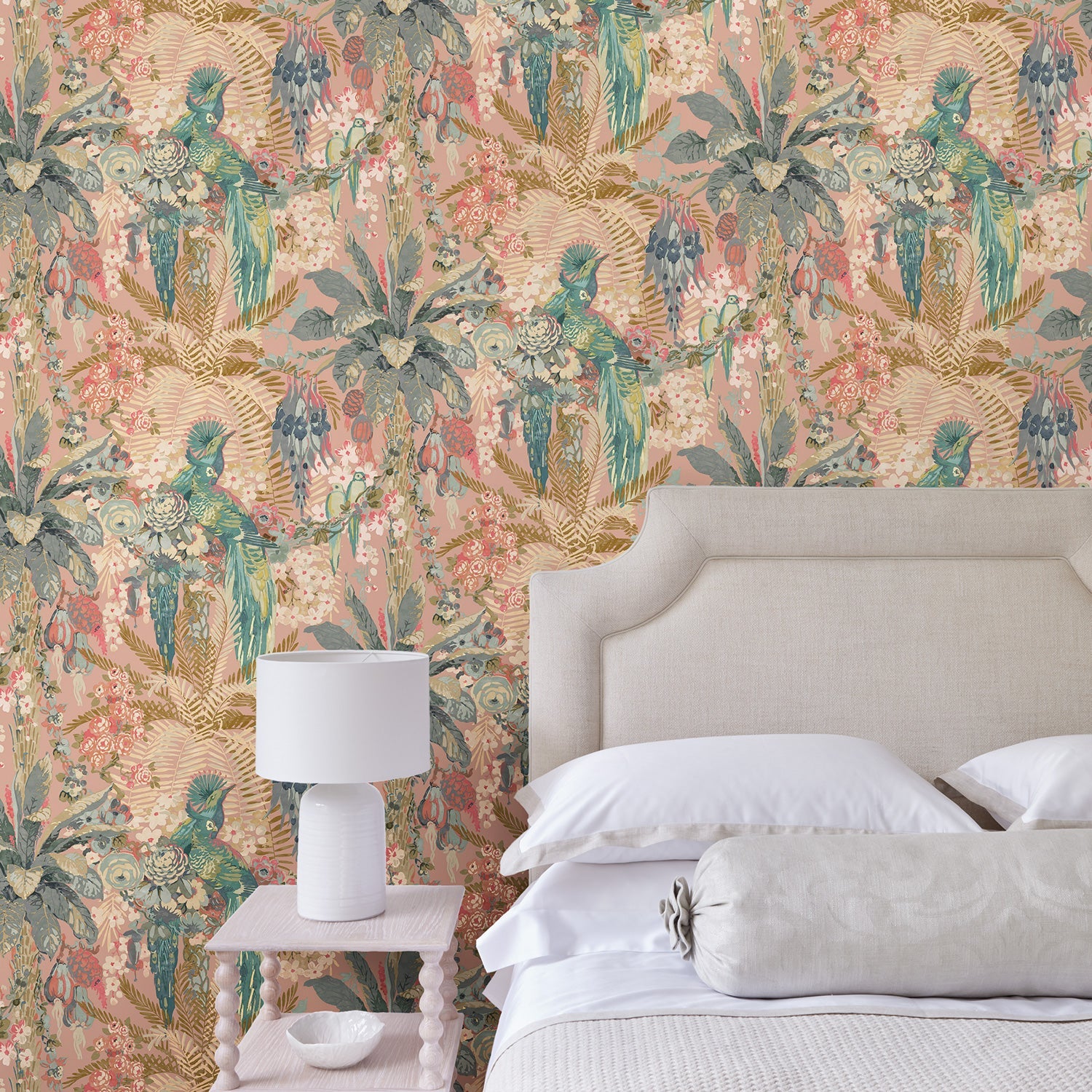 Tropical wallpaper in candy, shown in a bedroom.