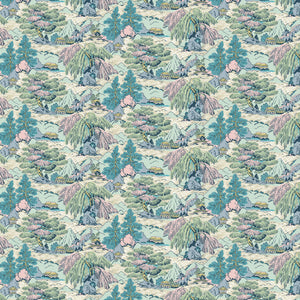 Sample of a pastel wallpaper featuring a landscape of mountains, willows and Oriental-style buildings.